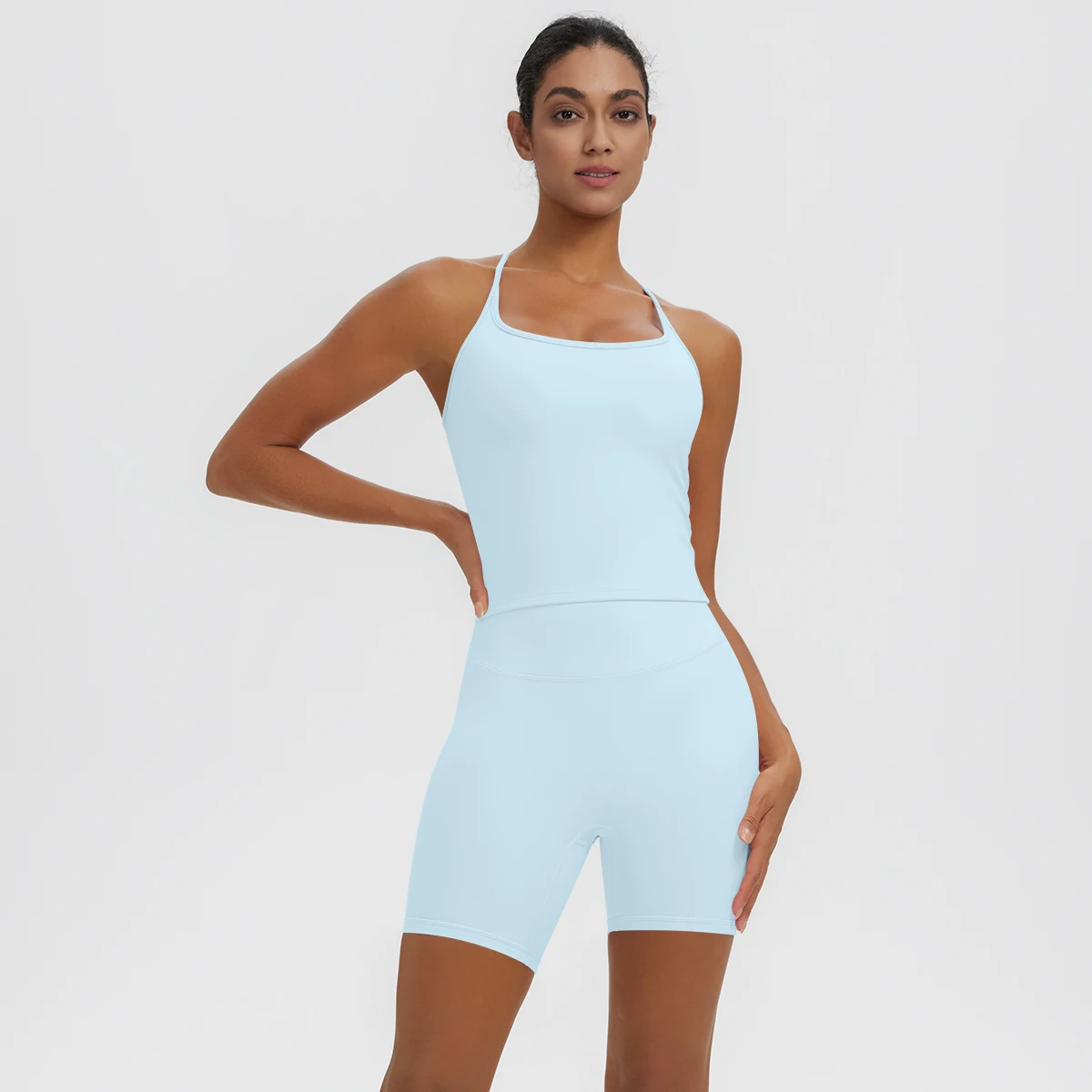 Rooftrellen 2-teiliges sexy einfarbiges Yoga-Set für Frauen, mit schönem Rücken und I-förmiger Weste, Fitness-Lauf-Yoga-Shorts-Set für Damen – Detail 16