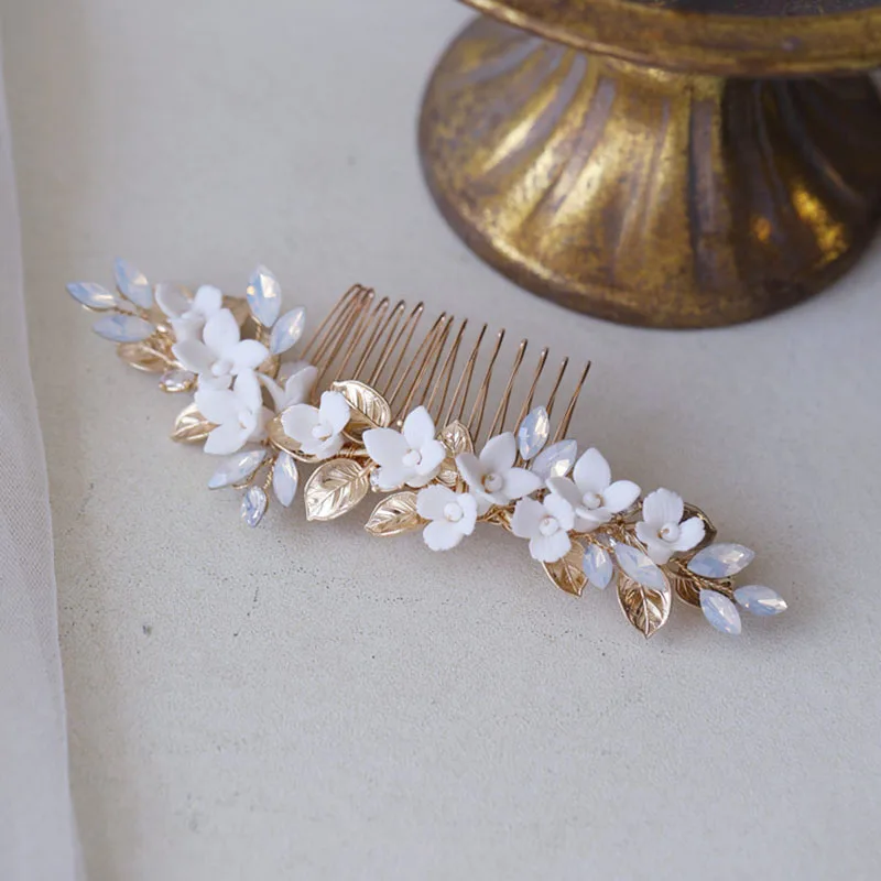 Ceramic Floral Bridal Comb Wedding Hair Piece Gold Color  Alloy Leaf Women Headpiece Handmade Accessories