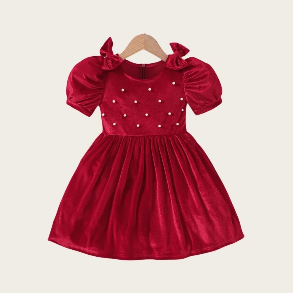 1-6Y Christmas Baby girl dresses Princess Lantern Sleeve Red Velour Dress Pearls Bow Decoration Dress Party dress