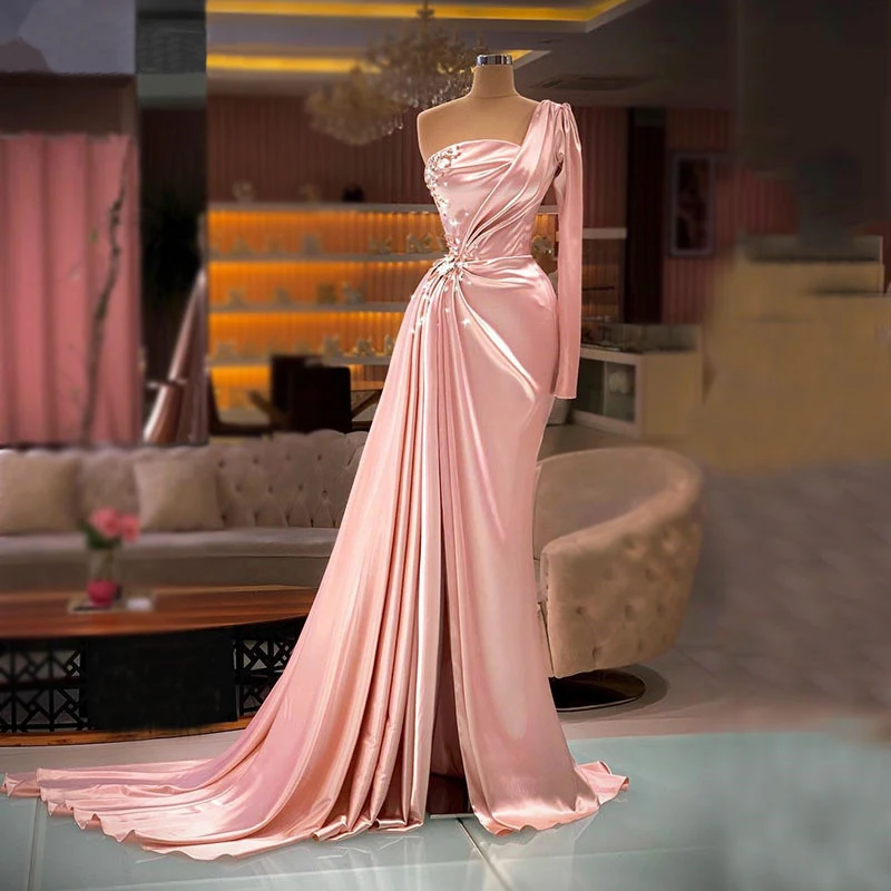 

BridalAffair Pink Satin Mermaid Evening Dress Formal Party Gowns One Shoulder Rhine Beads Split Women 2022 Prom Dress