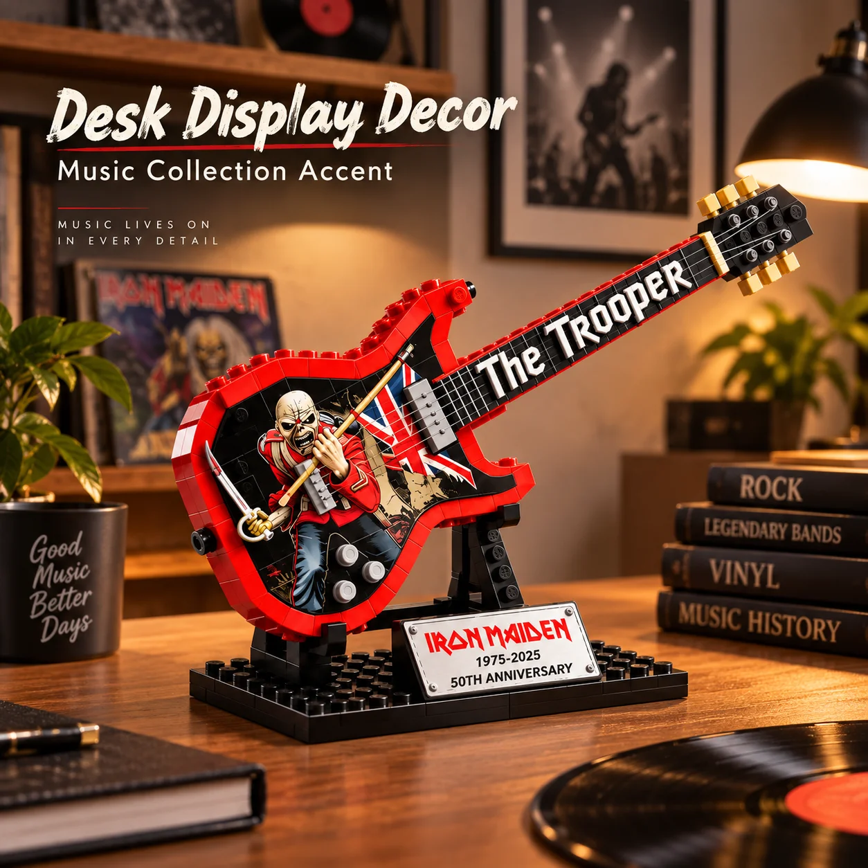 Iron Maiden The Trooper Guitar Building Block Display Ornament, 50th Anniversary Brick Model with Stand, Collectible