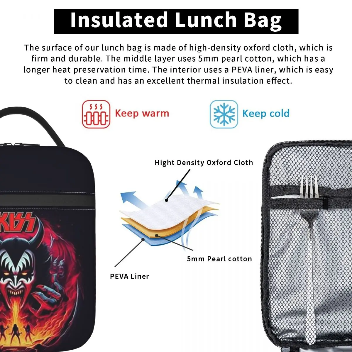 KISS The Band Demon Red Rock Music Insulated Lunch Bag for Women Children Portable Food Boxes Thermal Lunch Box Tote