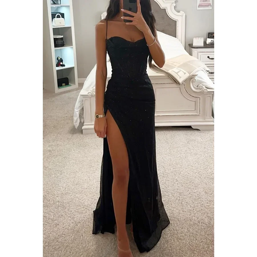 

Elegant Corset Bodycon Slit Maxi Dresses Fashion Lady Shiny Backless Evening Dress Women Sexy Slim Spaghetti Strap Sequins Dress