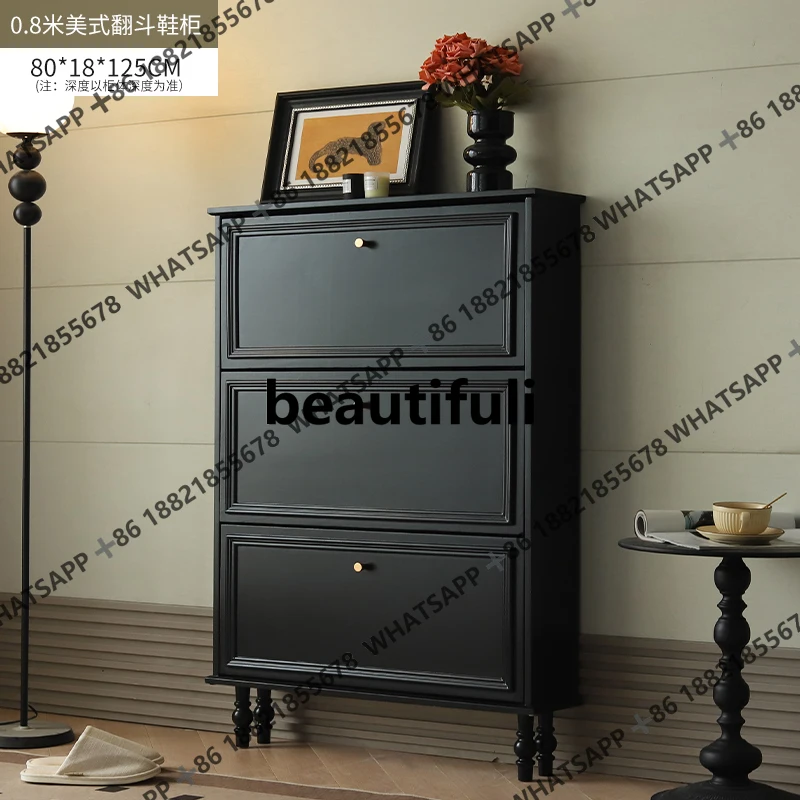 American solid wood ultra-thin tipping shoe cabinet home doorway retro narrow chest of drawers black shoe cabinet