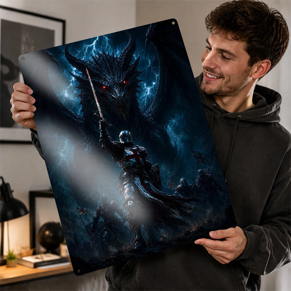Knight Facing a Stormy Dragon Poster Retro 3D Printed Metal Signs Customized Wall Hanging Gift for Tin Sign Room Decoration Man