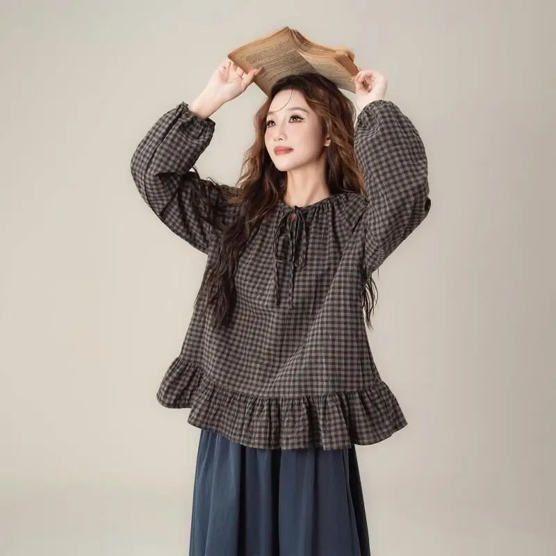 

Модная женская рубашка в клетку с длинным рукавом из смесового хлопка, новинка весны и лета, свободного кроя, универсальная, приталенная, хлопковая рубашка-топ