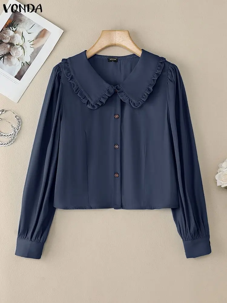 

VONDA Fashion Women Elegant Shirts Long Puff Sleeve Casual Solid Blouse Spring Autumn Peter Pan Collar Office Lady Female Tops