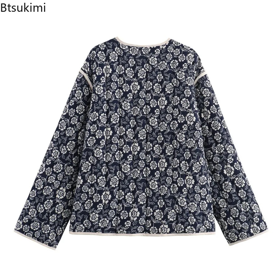 Women's Double-sided Floral Print Vintage Parkas V-neck Single-breasted Patch Pocket Loose Jacket Coat Autumn Winter Chic Coat
