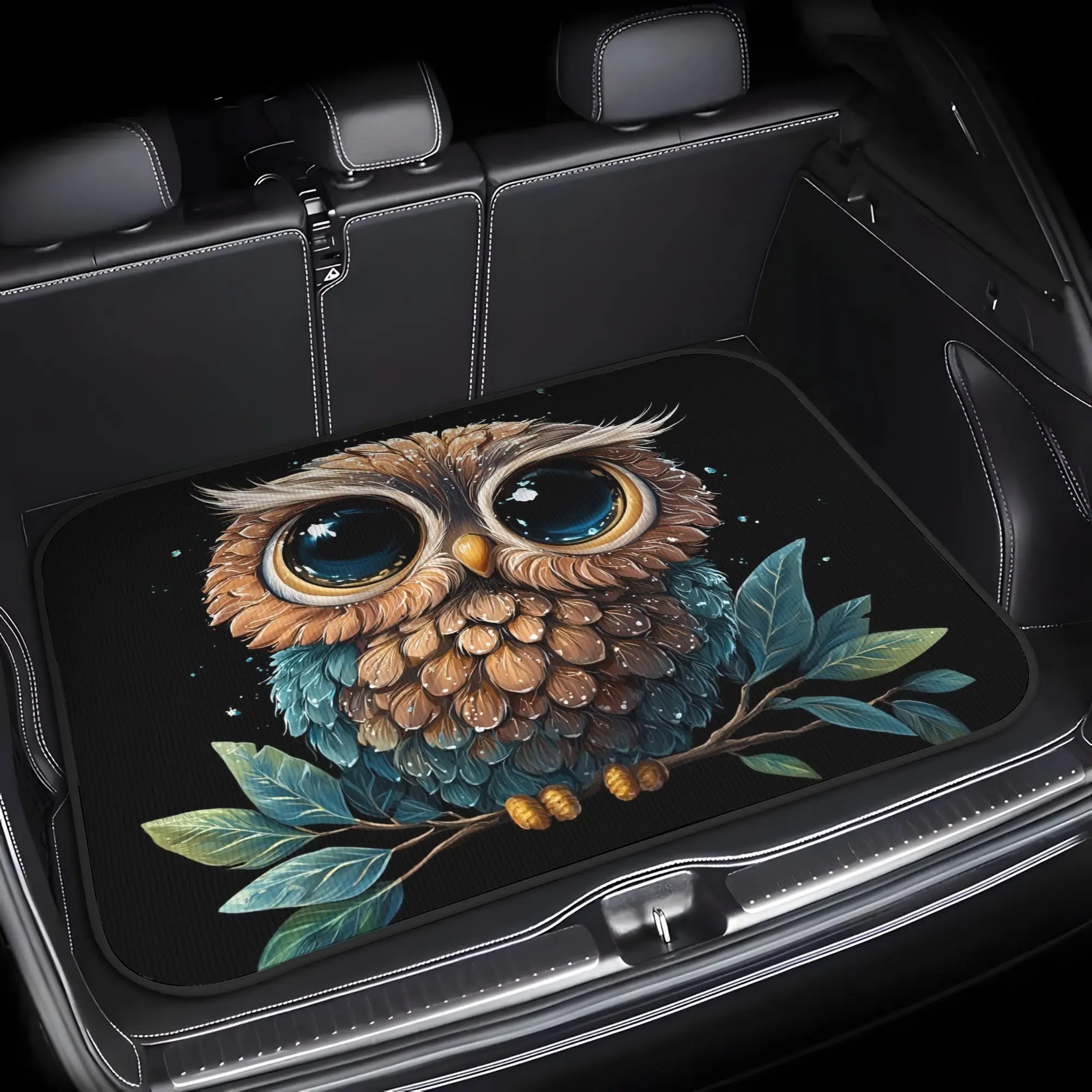 Car Trunk Mat, This Is An Image Of An Owl With Big Eyes Sitting On A Branch Print Trunk Liner- Durable, Cargo Mat, Suitable For