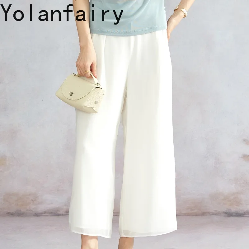 YOLANFAIRY 100% Mulberry Silk Double‑layer Wide Leg Cropped Pants Women Lace Waistband Half Elastic Waist Loose Casual Trousers