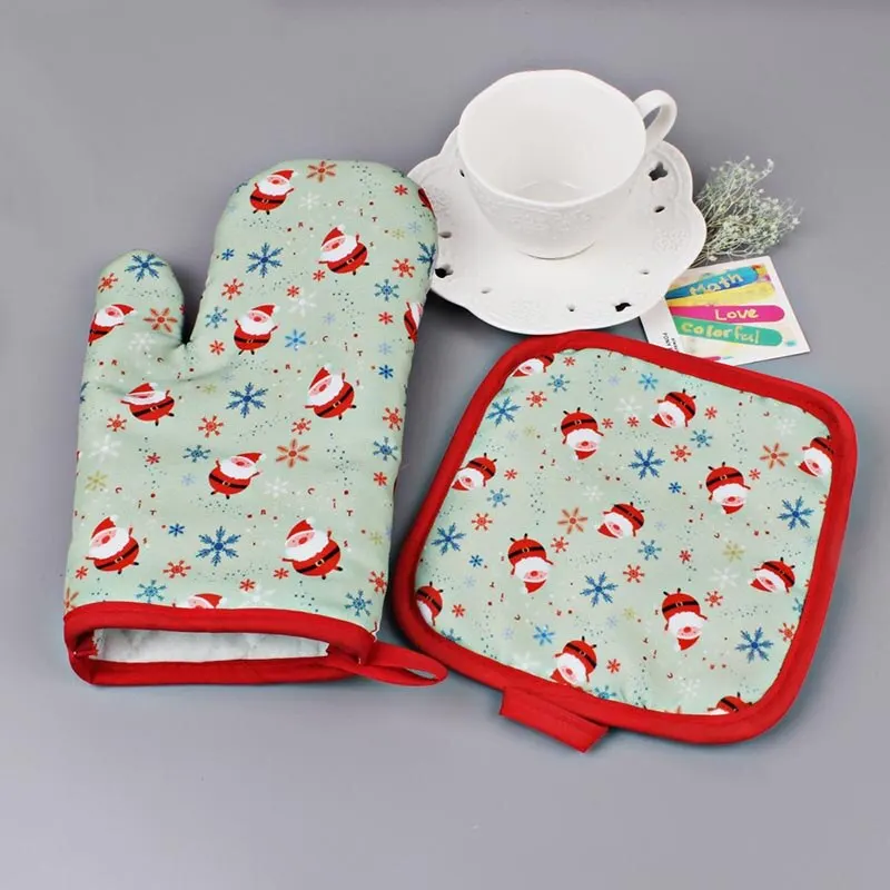 2pcs/set Christmas Oven Mitts and Pot Holders Set Baking Anti-Hot Gloves Kitchen Cooking BBQ Gloves New Year Xmas Party Supplies