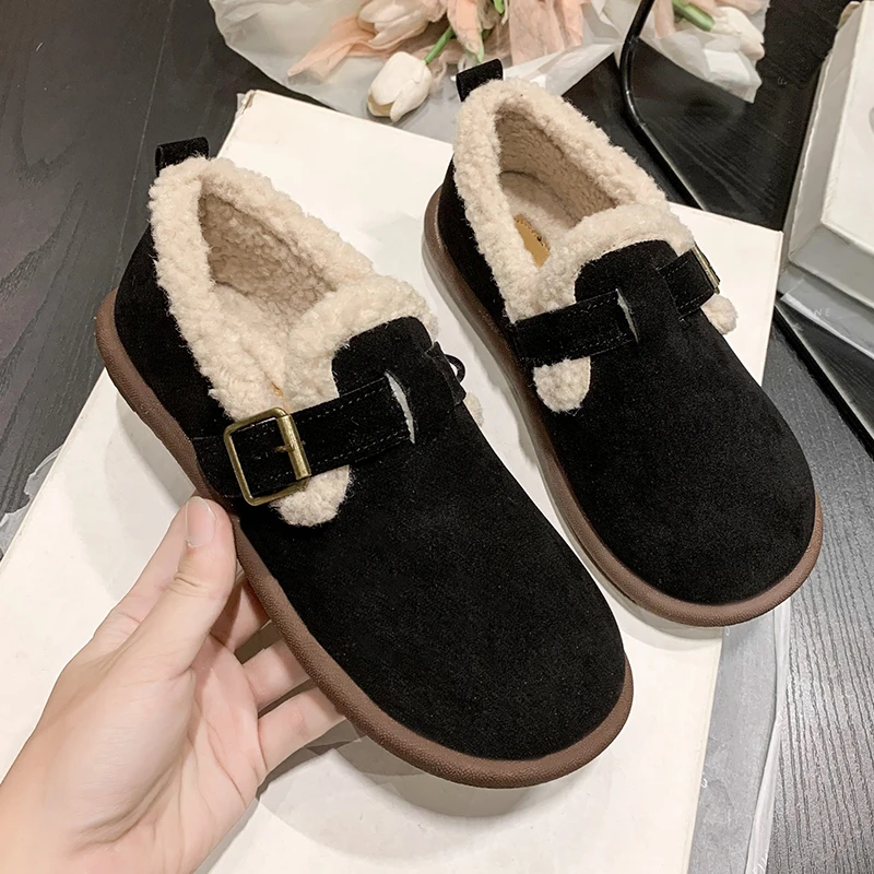 Shallow Mouth Casual Woman Shoe Female Footwear Round Toe Loafers Fur All-Match Autumn Dress New Moccasin Fall Winter Rubber PU