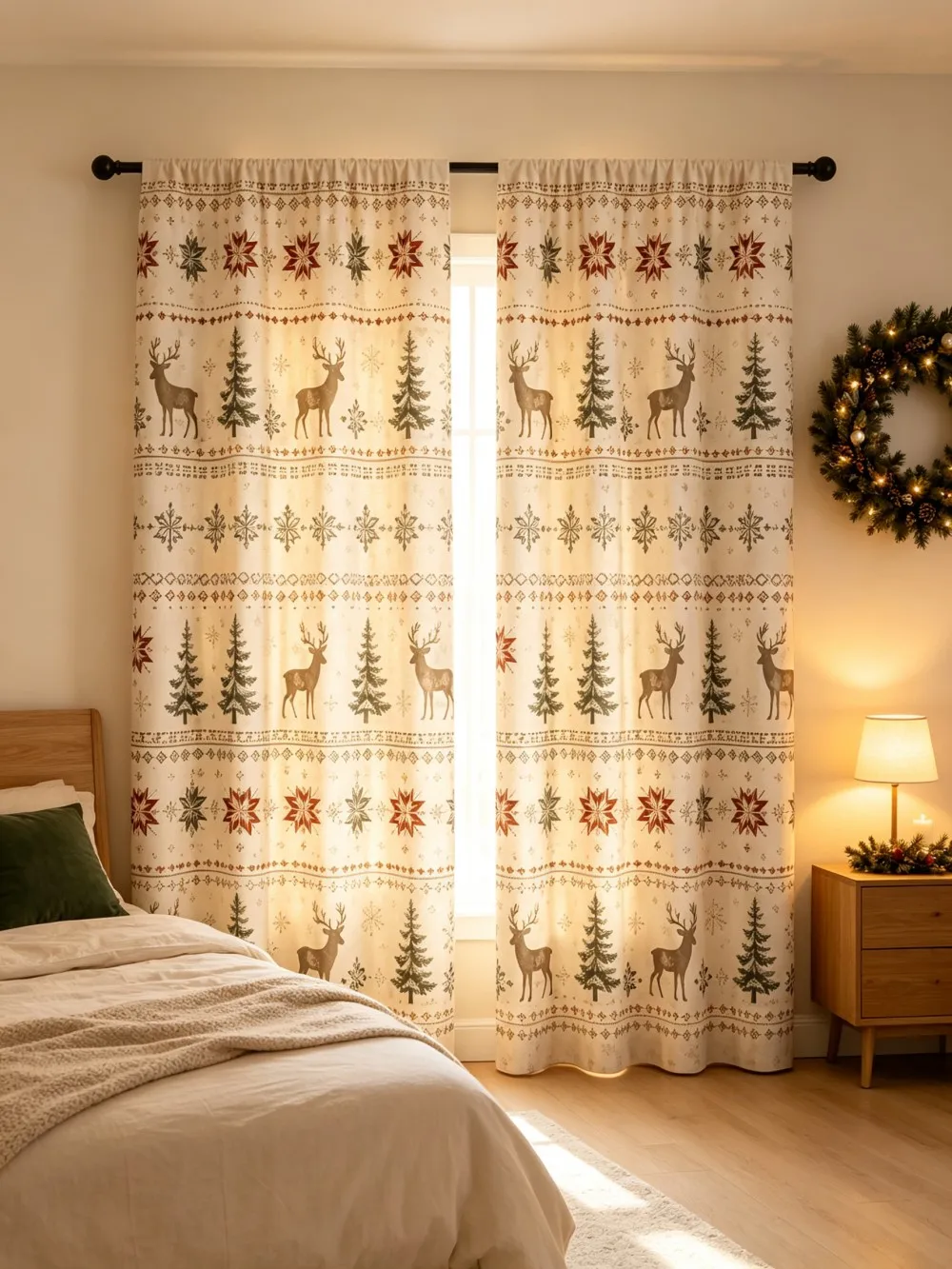 2PCS Christmas Curtains, Reindeer Pine Tree Snowflake Nordic, Digital Print, Bedroom Living Room, Rod Pocket, Home Decor