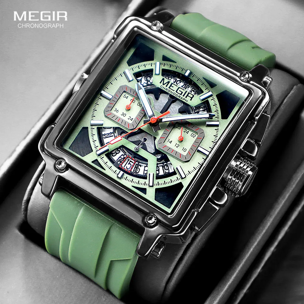 MEGIR Square Dial Quartz Watch for Men Fashion Military Sport Chronograph Wristwatch with Green Silicone Band Date Luminous Hand