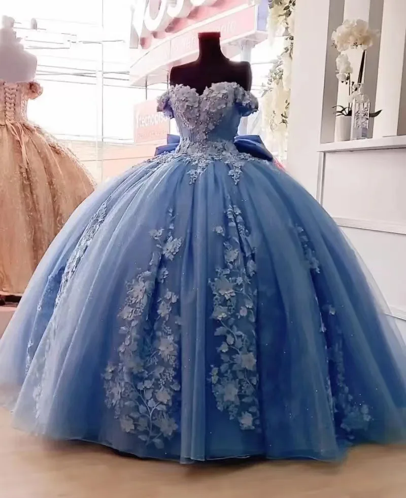 Индивидуальное милое пыльно-синее платье Quinceanera с 3D цветочной аппликацией и открытыми плечами, Vestidos Sweet Dress Bow de soirée