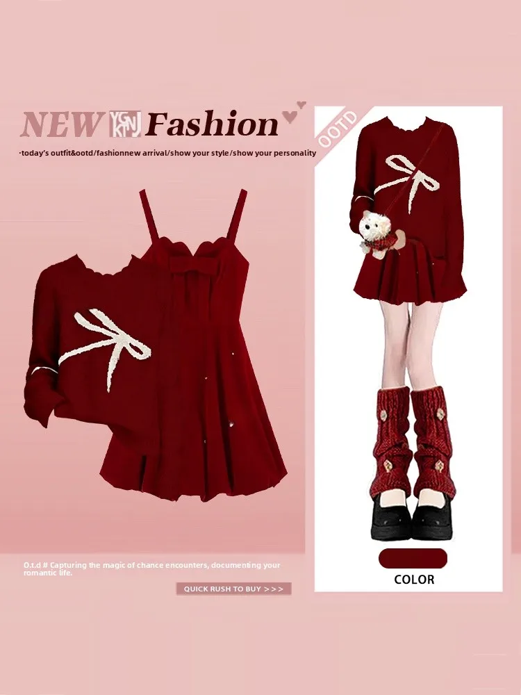 

Korean Style Red Bow Knot Sweater Dress Set Women's Winter Fashion Sweet Suite Long Sleeve Knitted Sweater Autumn Winter...