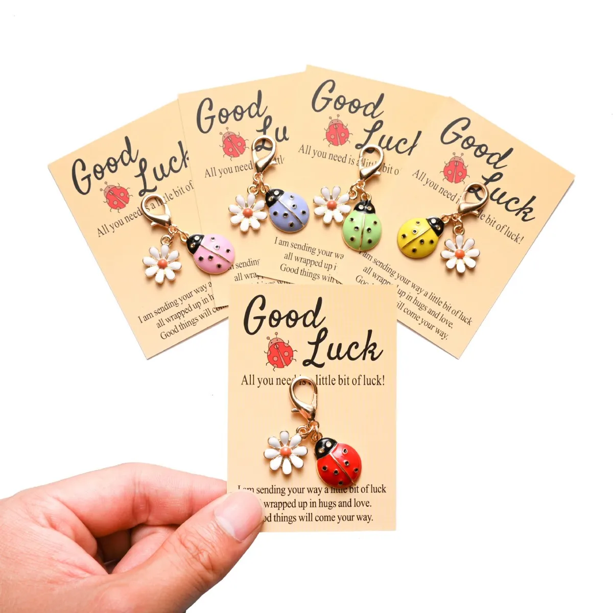 New Alloy Oil-Dripping Insect Ladybug Daisy Keychain Pendant, Holiday Gift Good Luck English Encouragement Greeting Card