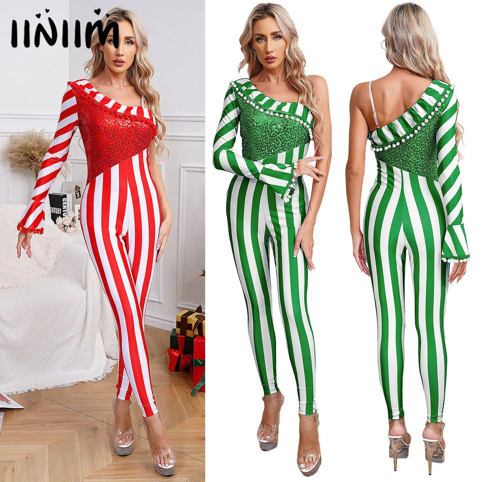 

Women Latin Dancewear One Shouler Jumpsuit Unitard Christmas Candy Cane Costume Shiny Sequin Decor Bodysuit for Xmas Carnival