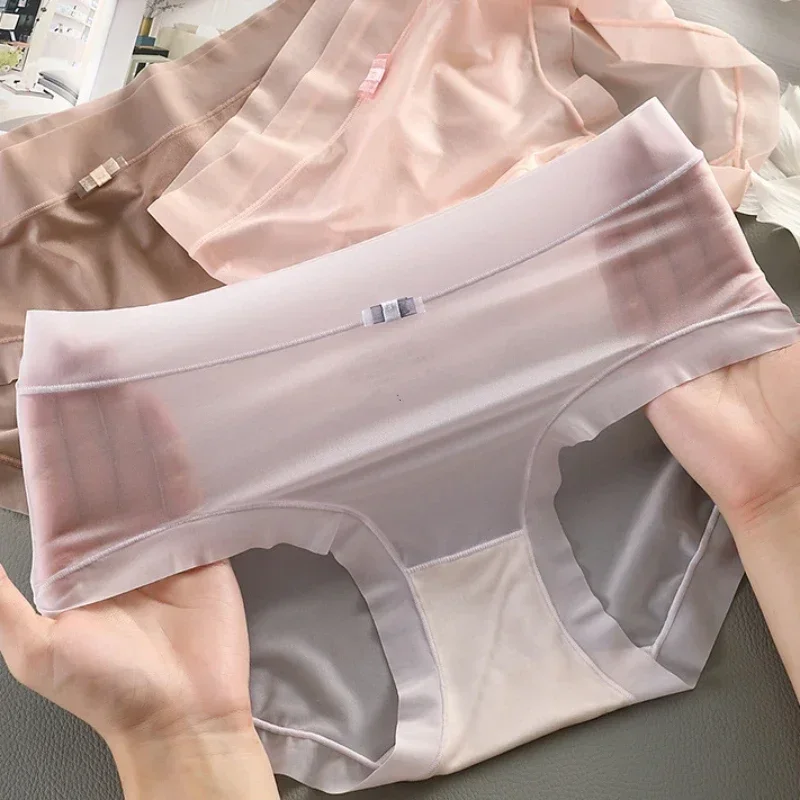 Ice Silk Panties for Women Sexy Transparent Briefs Seamless Breathable Middle Rise Underpants Comfort Soft Underwear Women