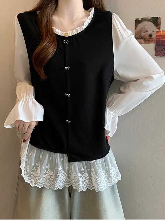 

Женская кружевная блузка больших размеров с длинным рукавом, весна-лето, новинка, с завышенной талией, очаровательный топ в корейском стиле, свободный крой, круглый вырез