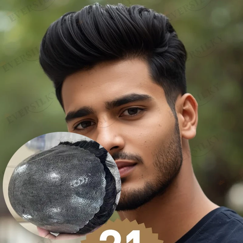 

Мужской парик из натуральных человеческих волос с естественной линией роста волос, суперпрочный, на тонкой полиуретановой основе, коричнево-серый, незаметный, система замещения волос