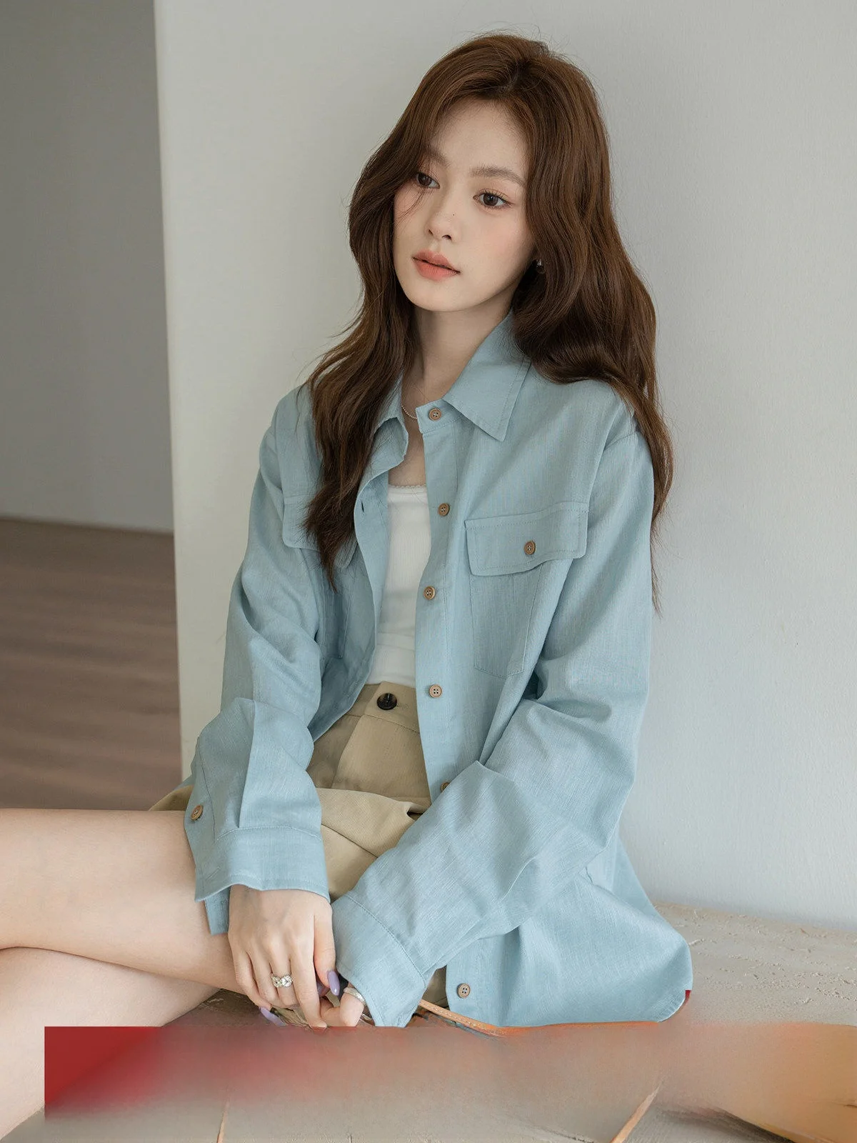 

Blue Faion Long Sve irt Women's Loose Commute Top Button Design Cotton Blend Breathable Regular Fit Collar