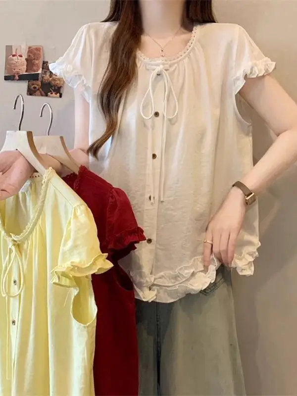 

plus Size Shirt Women's Summer Casual Style Wooden Ear Small Fly Sleeve Doll Shirt Meat Covering Slimming Belted Top