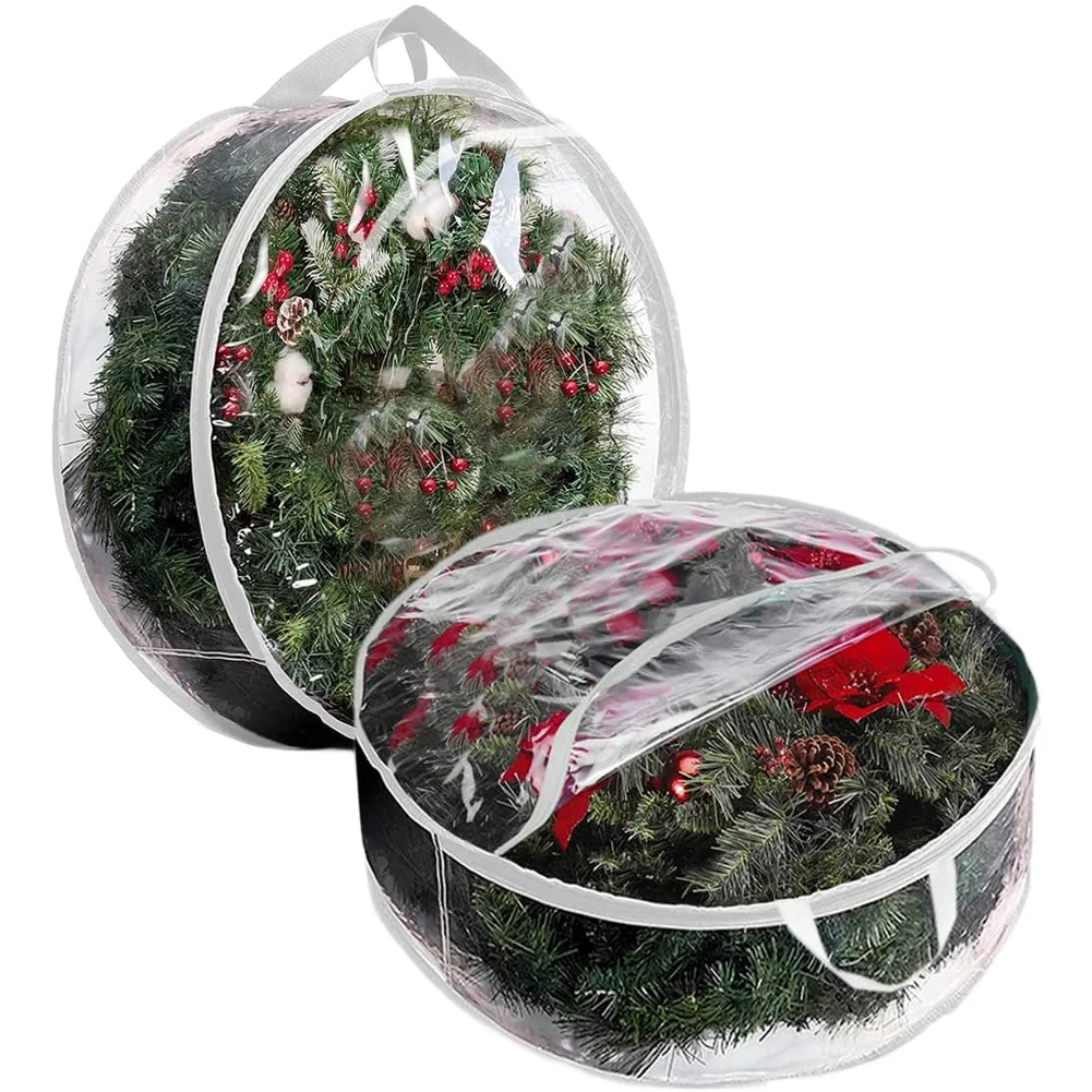 Clear PVC Wreath Organizer with Functional Zipper Handle Support System and Space-Efficient Folding When Empty