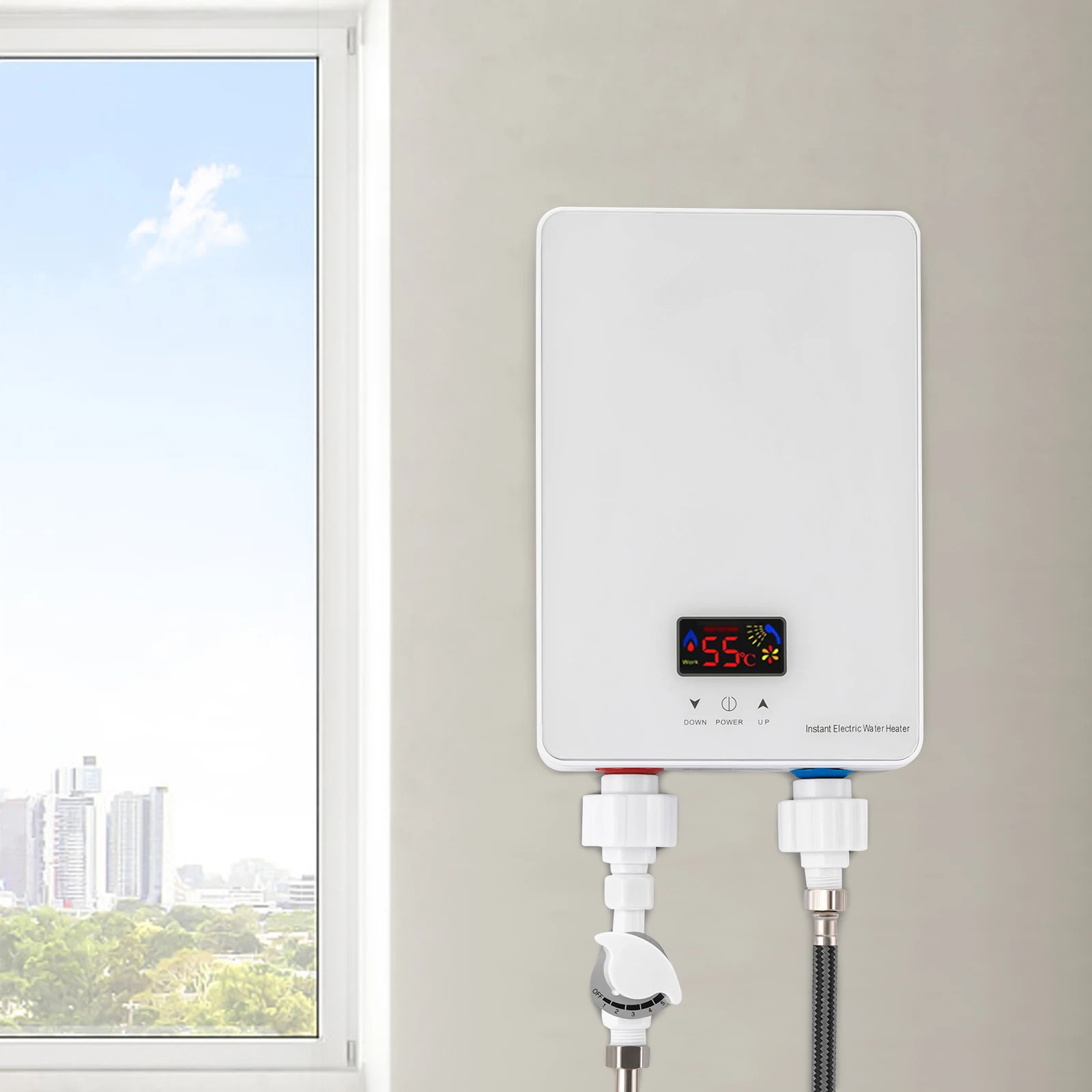 Chauffe-eau instantané 6Kw, en acier inoxydable blanc, commande tactile verticale avec robinet rotatif