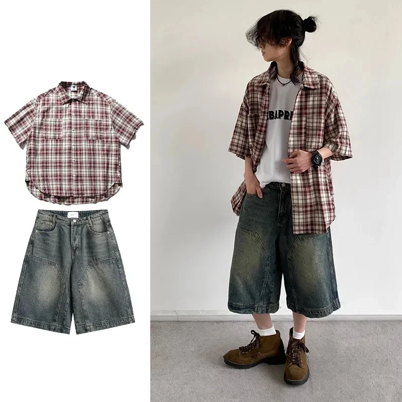 Japanese Youth Style Men Women Plaid Patch Pocket Short Sleeve Shirt Denim Capri Shorts Casual Outfit Set