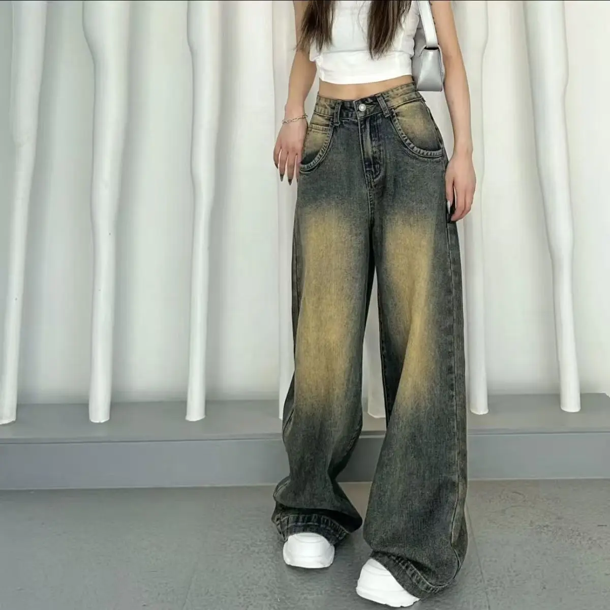 Vintage Blue Y2K Wide Leg Pants Women Jeans 2025 Autumn Denim Pants High Waist Loose Fit Slimming Pockets Trousers American New
