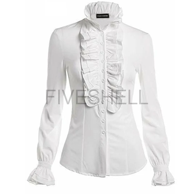 Medieval Victorian Vintage Style Women Casual Shirt Long Sleeve Solid Color Tops Ruffle Splice Button Up Shirt Female Costumes