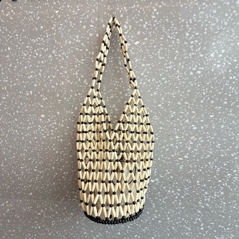 

Женская деревянная сумка-ведро с бисером, модная ретро-сумка ручной работы, плетеная ажурная сумка, элегантная французская сумка в богемном стиле, сумка через плечо