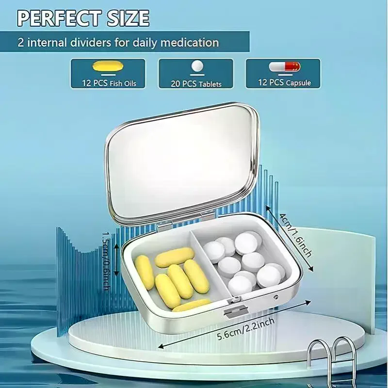 TUNA Sardines Print Metal Pill Box, Portable 2-Compartment Travel Pill Organizer For Vitamins & Pills LUCKY