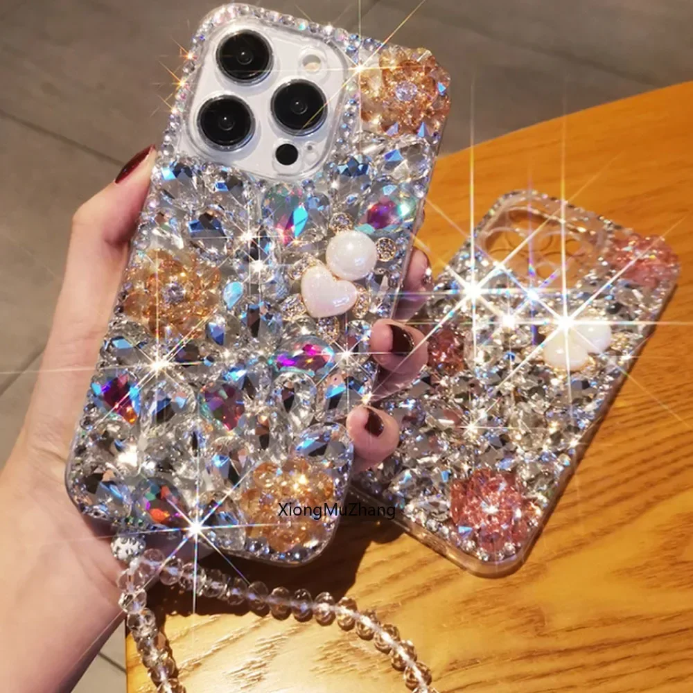 Glitter Beautiful Water Rhinestone Custom Case Wrist Straps Hand For IPhone 15 Pro Max 14Plus 13 12 Mini 11ProMax XSMax 8 7 Plus