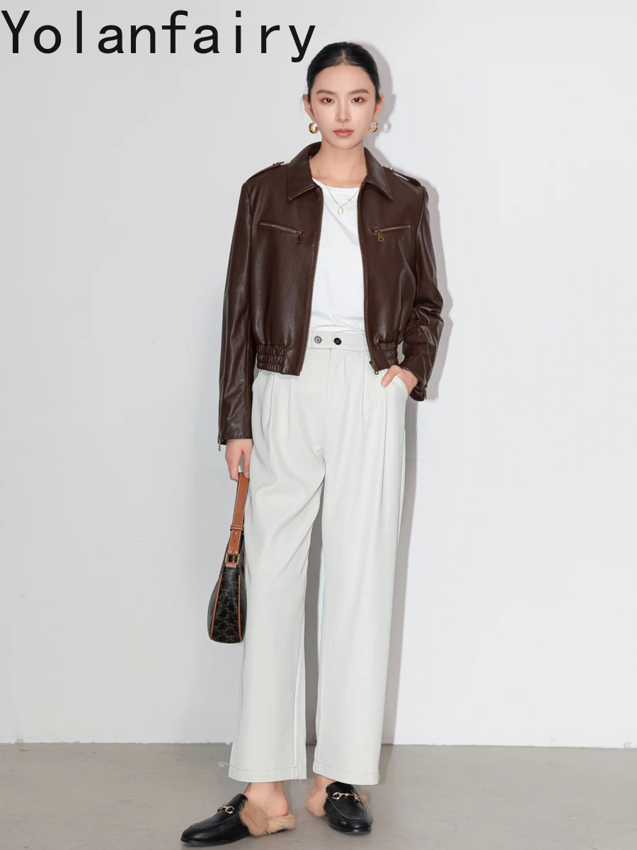 YOLANFAIRY 高品質リアルシープスキンヴィンテージレザージャケット女性ショート本革コートストリートシックなレザージャケット