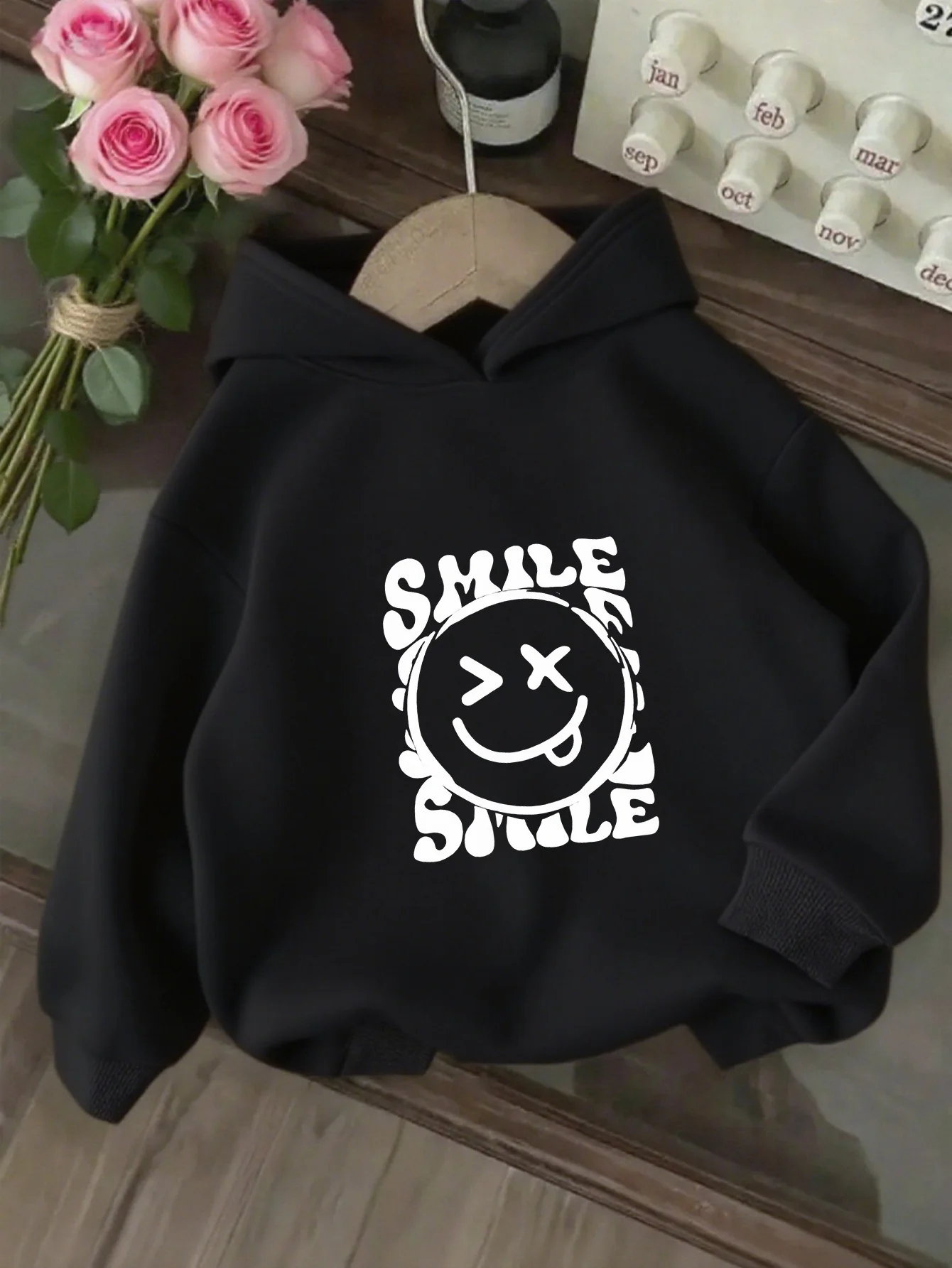 Girls' Beige Hooded Sweatshirt with Smile Face & joyful Smile Back Print - Cozy Winter Warm Casual Sweater, Pullover for, Playda