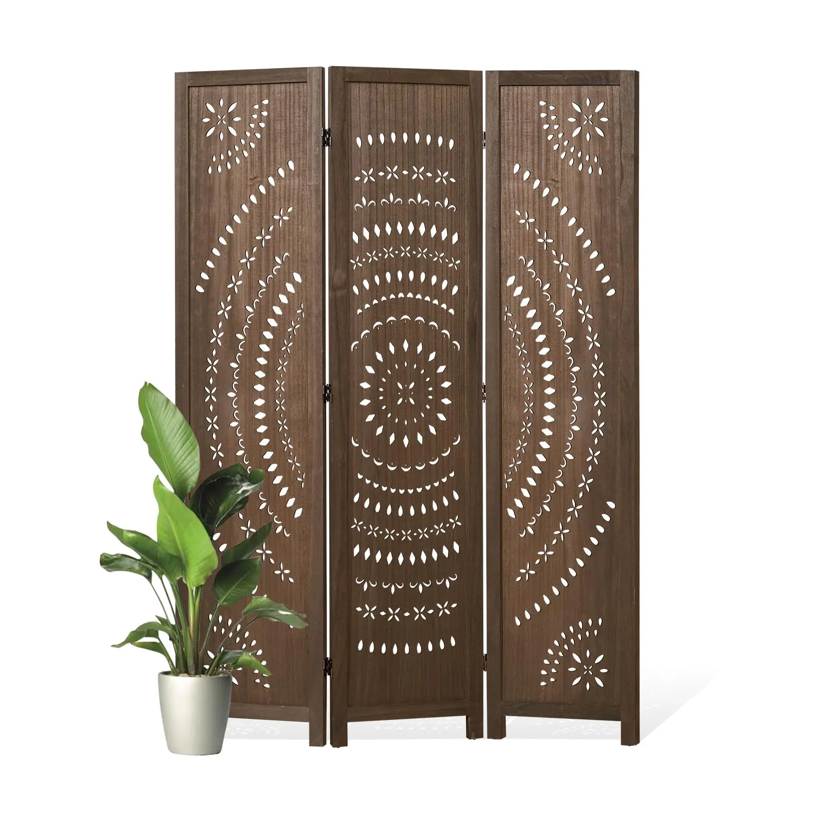 66.9Inch Folding Room Divider, 3 Panels Wood Carved Privacy Sns, Free Assembled Freestanding Partition for Home Office