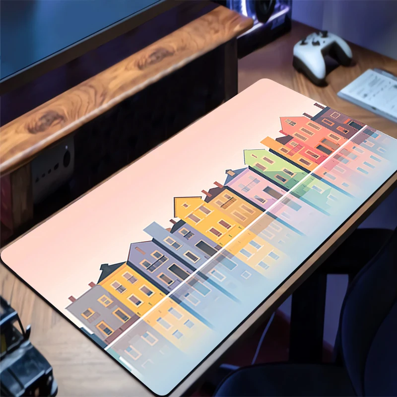 

Mouse Pad Extended Gaming Mousepad With Stitched Edges Desk Mat Cartoon City Non-Slip Base Computer Keyboard Pad For Laptop