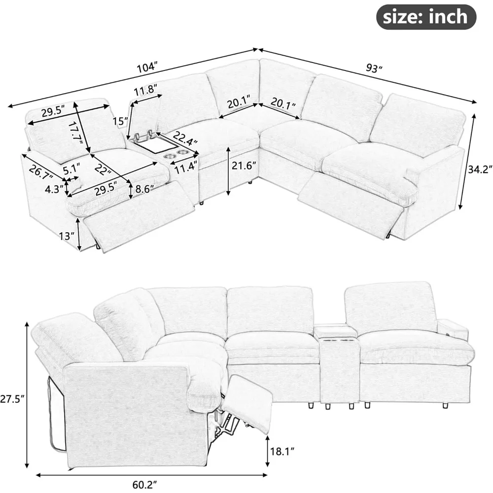 Power Recliner Ecksofa mit Aufbewahrungsbox, 104'' Sofagarnitur mit USB-Anschlüssen, Getränkehaltern und Steckdose