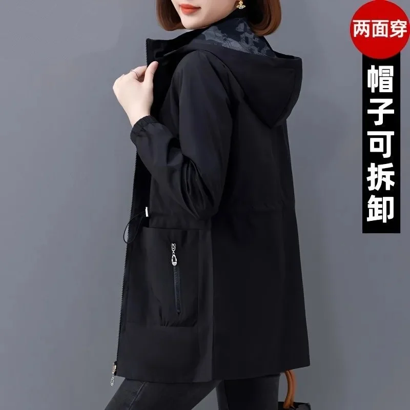 春秋の両面女性ジャケット 2025 新しいプラスサイズ 4XL ミッドレングスウインドブレーカー女性中年母親カジュアルコートトップス