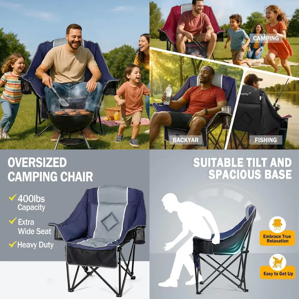 

Extra Wide Heavy-Duty Folding Chair for Outdoors - 400lbs Capacity, Cup Holders, Storage Pocket, Padded for Adults