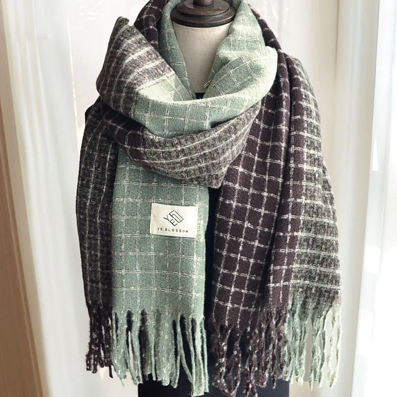 

Милый клетчатый шарф в японском стиле, женский утолщенный теплый универсальный студенческий шарф с имитацией кашемира, аксессуары для одежды для девочек