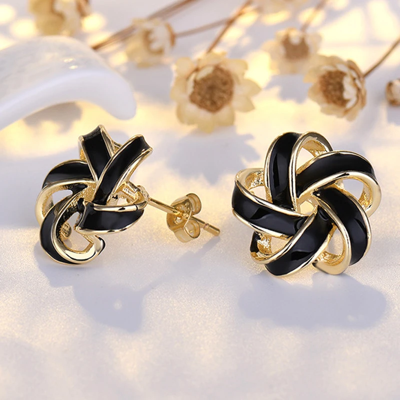 Vintage Gold Color Rotate Flower Stud Earrings for Women Metal Stereo Pendientes 925 Silver Needle Earrings Party Jewelry Gift