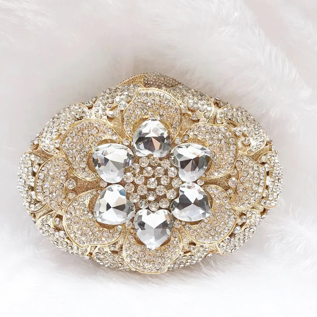 

White Clear Rhinestone Evening Bag Gold Metal Clutch Purse Oval Diamond Luxury Women’s Wedding Bride Purse Party Handbags