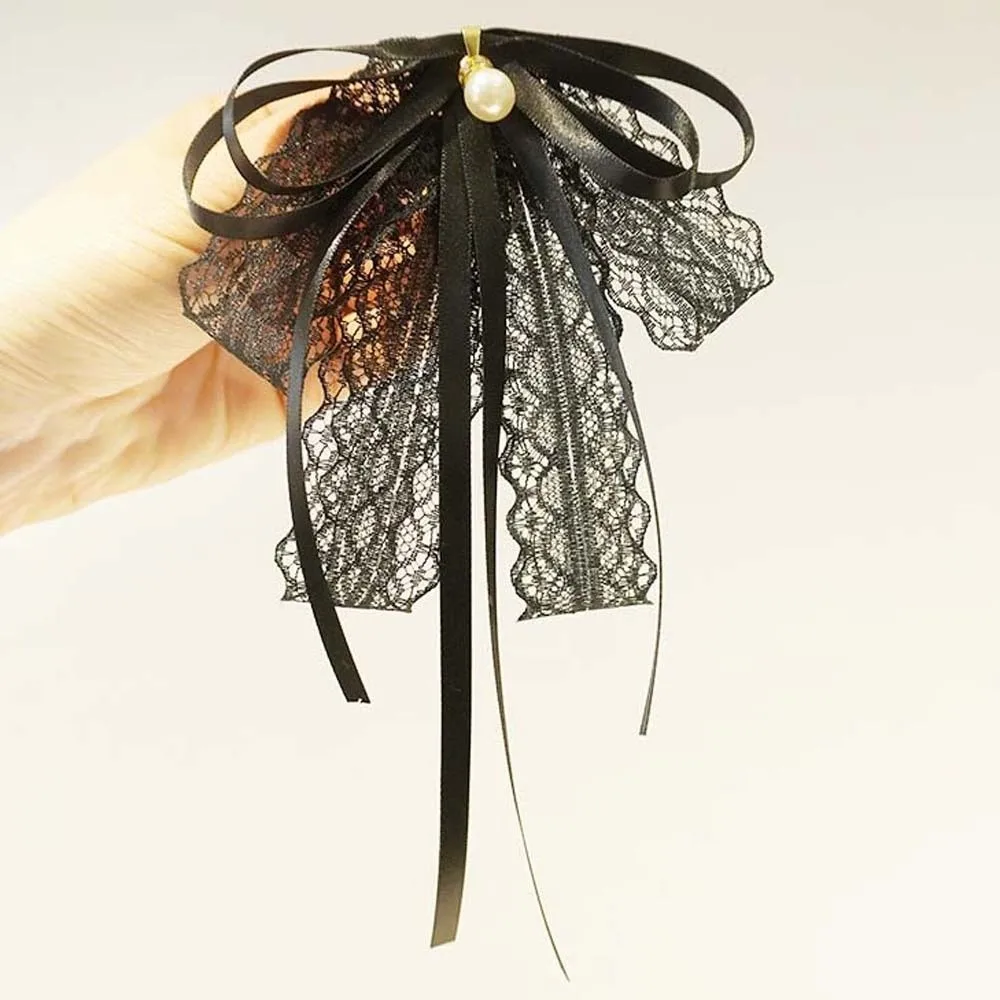 

Elegant Rhinestone Pearls Tie Tassels Brooch Hand-beaded Lace Necktie Geometric Black Decoration Shirt Tie Performance