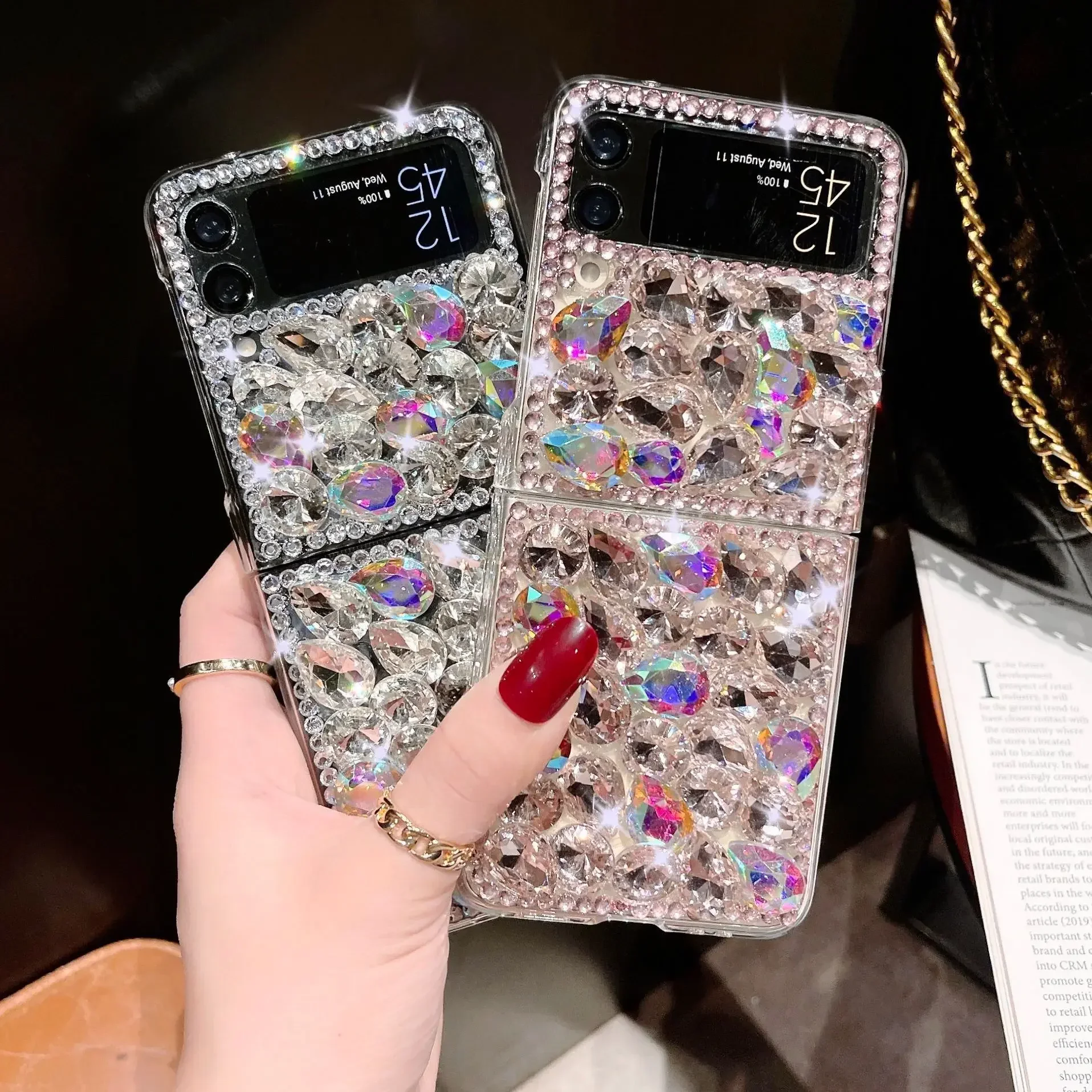 Zflip4 Bling Diamond Phone Case For Samsung Galaxy Z Flip 4 5G Zflip3 ZFlip5 Luxury Glitter Rhinestone Silver Color Back Cover