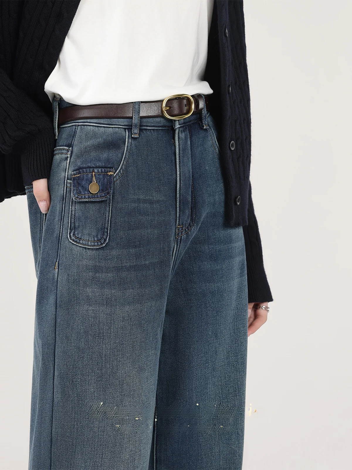 

Синие джинсовые джинсы с высокой талией, женские широкие брюки в пол небольшого размера, ретро, осеннее новое поступление от Zhang Soda