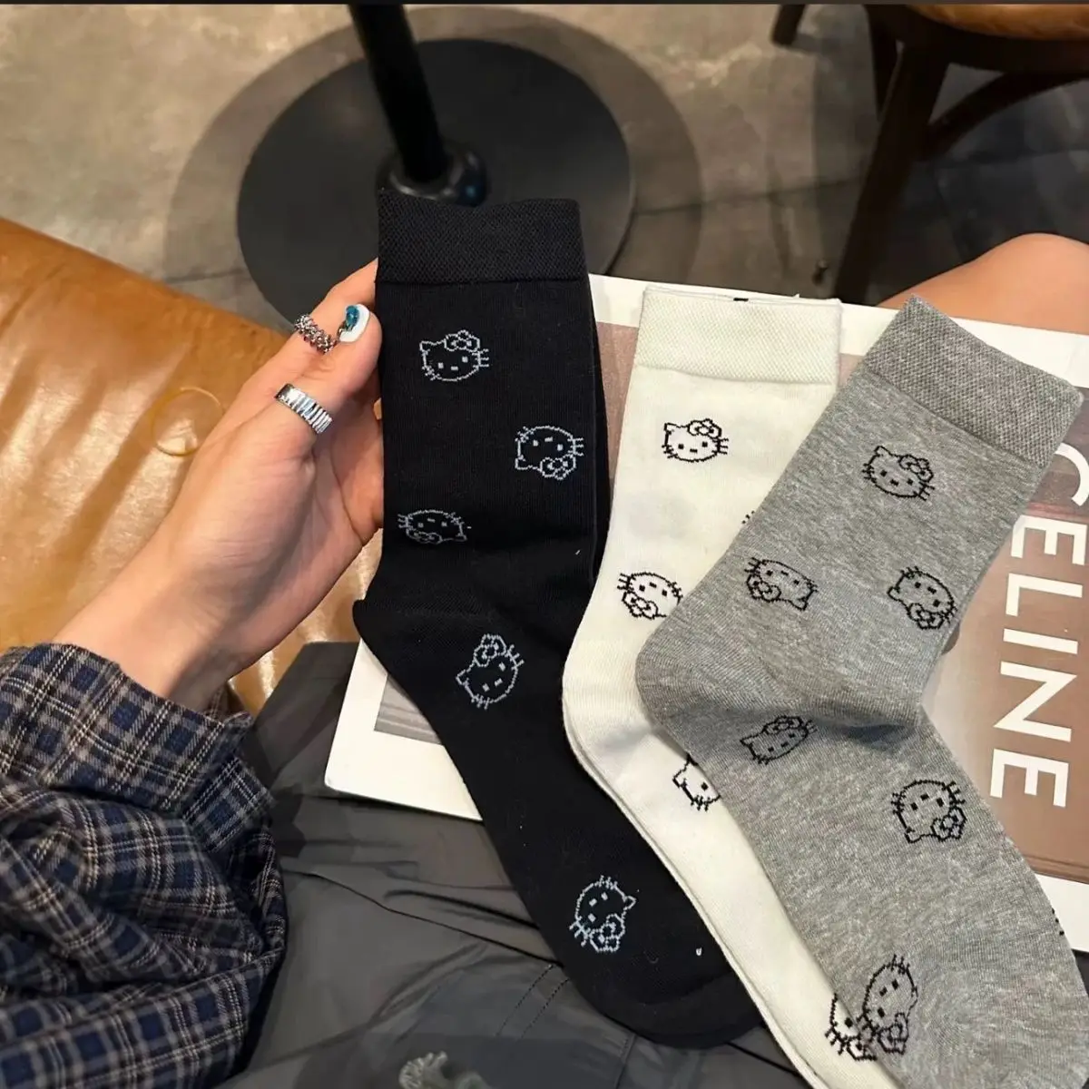 هالو كيتي جوارب لطيفة للنساء ، النسخة الكورية ، متعددة الاستخدامات ، أحادية اللون ، متوسطة ، الإضافية ، الربيع والخريف ، الطالب ، 6 أزواج