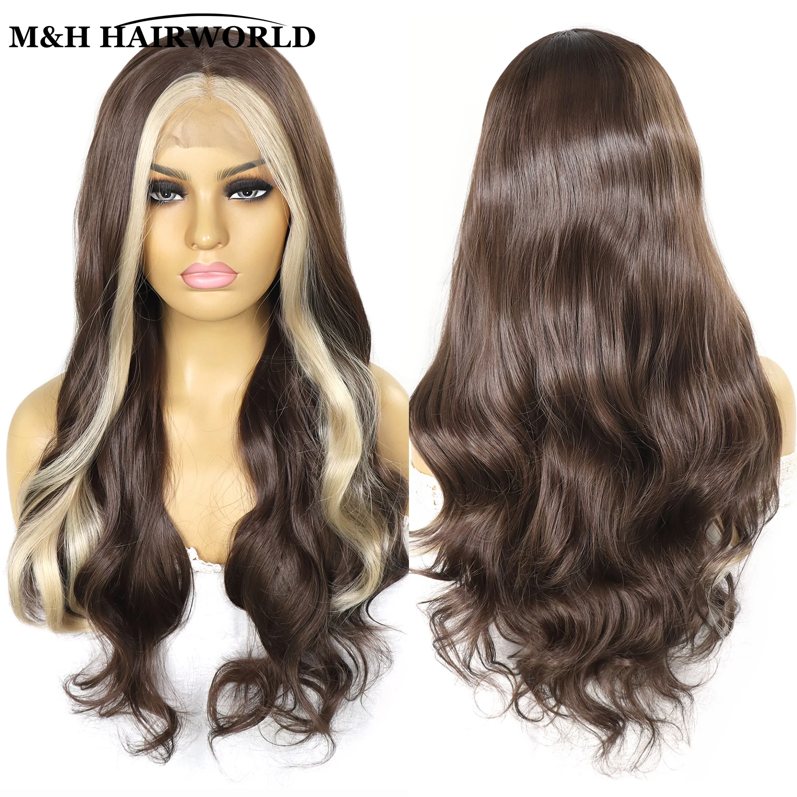 Brown with 613 Blonde Stripe Wavy Wig 13x3 Synthetic Hair Lace Front Wigs for Black Women 26Inch Long Body Wave Lace Frontal Wig